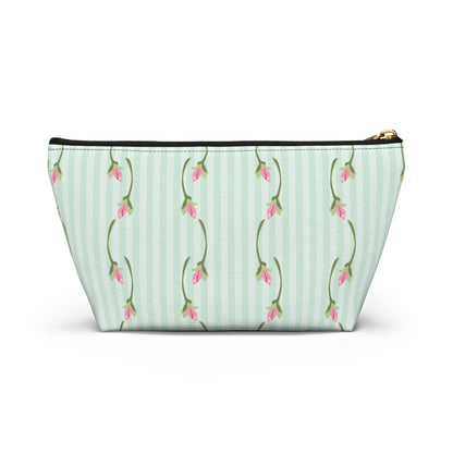 Customizable: Floral Print Accessory Pouch | Cute Makeup Bag, Travel Organizer, Gift for Her, Floral Clutch, Green Striped Bag