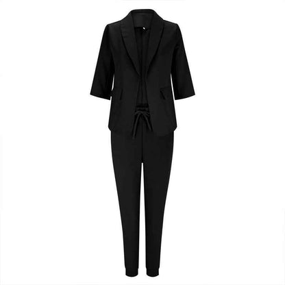 Women's Solid Color Long Sleeve Suit Set - Stylish Notch Lapel Blazer With Pockets & Drawstring Waist Pants, Spring&Fall Business Casual Outfit