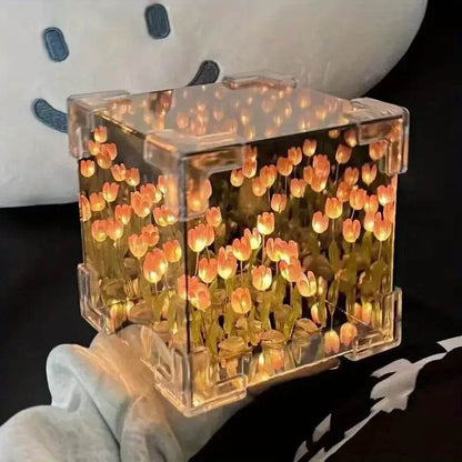 DIY Tulip Mirror Cube Lamp – Handmade Romantic Flower Table Light for Home Decor