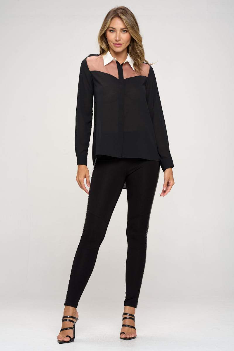 Long Sleeve Sheer Panel Collared Blouse | Apparel | Kitchen + Metal