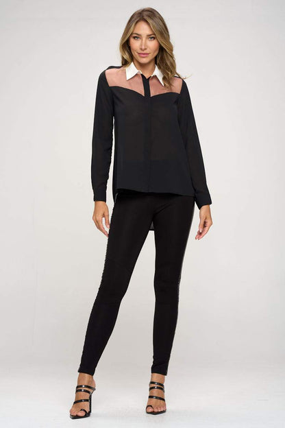 Long Sleeve Sheer Panel Collared Blouse | Apparel | Kitchen + Metal