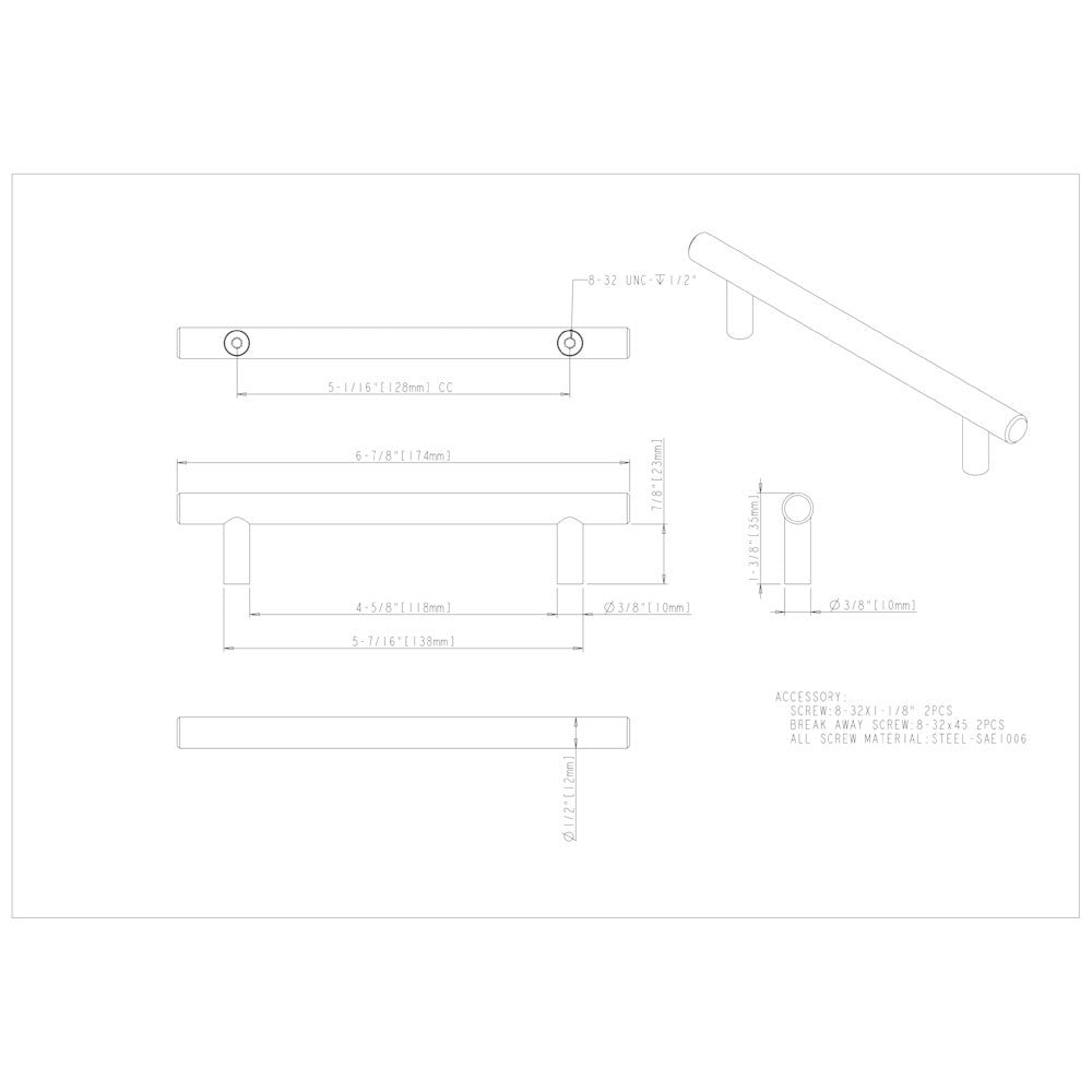 96 mm Center-to-Center Hollow Matte Black Stainless Steel Naples Cabinet Bar Pull