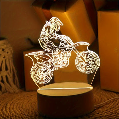 Motorcycle-themed night light on a wooden base.