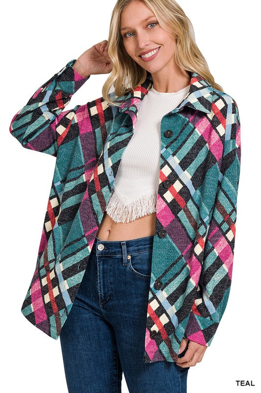 ZENANA Jacquard Plaid Shacket With Pockets