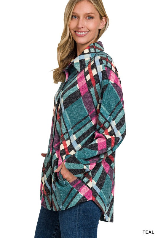 ZENANA Jacquard Plaid Shacket With Pockets