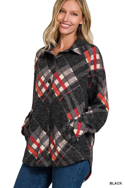 ZENANA Jacquard Plaid Shacket With Pockets