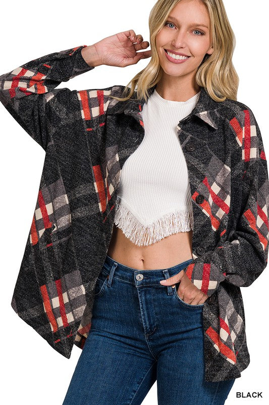ZENANA Jacquard Plaid Shacket With Pockets