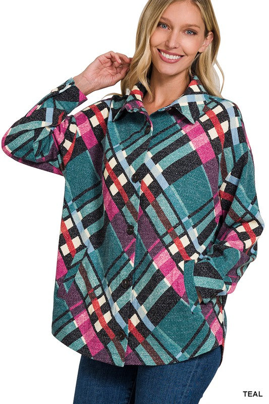 ZENANA Jacquard Plaid Shacket With Pockets