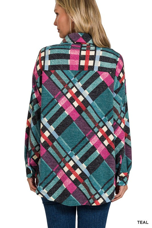 ZENANA Jacquard Plaid Shacket With Pockets