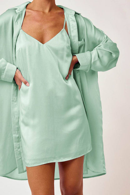Satin Slip-On Dress and Shirt Set in Cognac [Sizes SM-L]