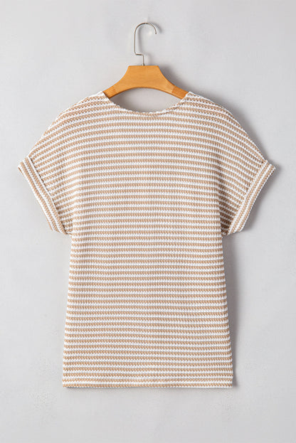Khaki Striped Knitted Top with Button Front and V Neck for Women's Blouse