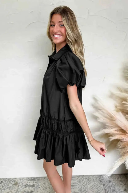 Button Down Puff Sleeve Dress with Ruffle Hem