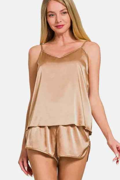 Zenana Satin Cami Loungewear with V-Neck and Elastic Waist