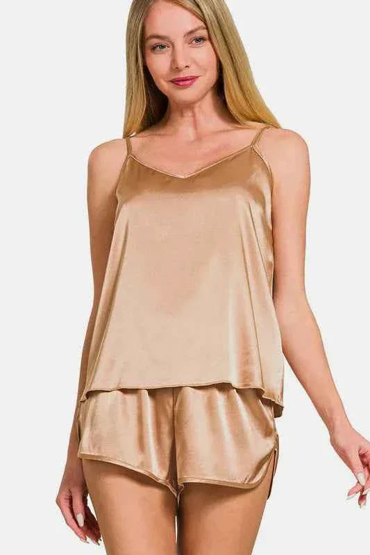 Zenana Satin Cami Loungewear with V-Neck and Elastic Waist