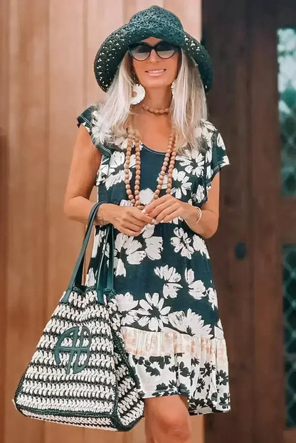 Dark Green Floral Print Ruffle Sleeve Empire Waist Mini Dress