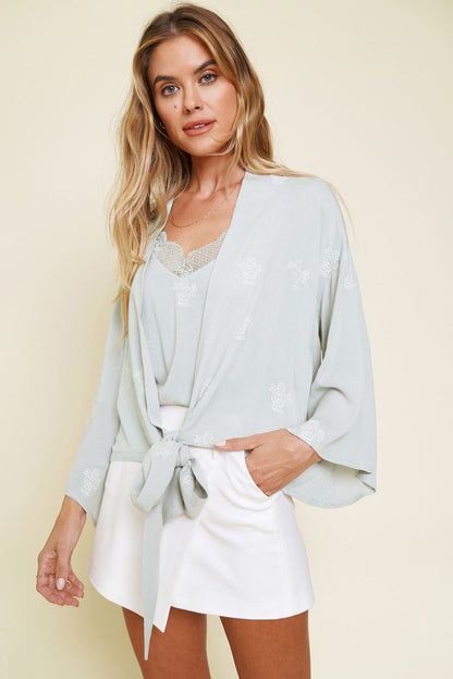Embroidered Tie Front Kimono Cardigan