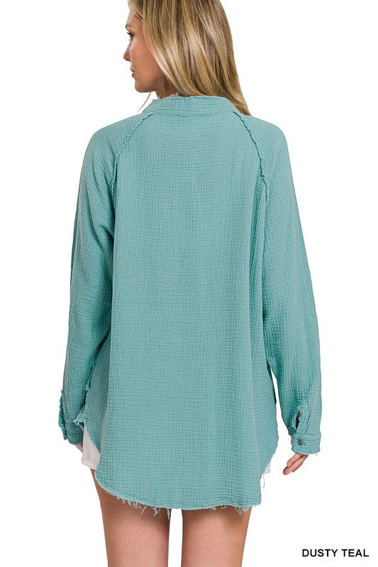 ZENANA Button Down Raw Edge Shirt