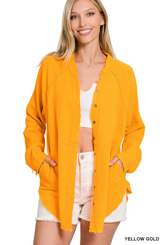 ZENANA Button Down Raw Edge Shirt