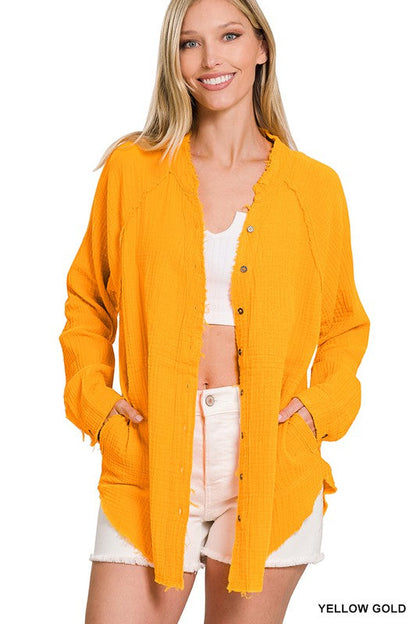 ZENANA Button Down Raw Edge Shirt