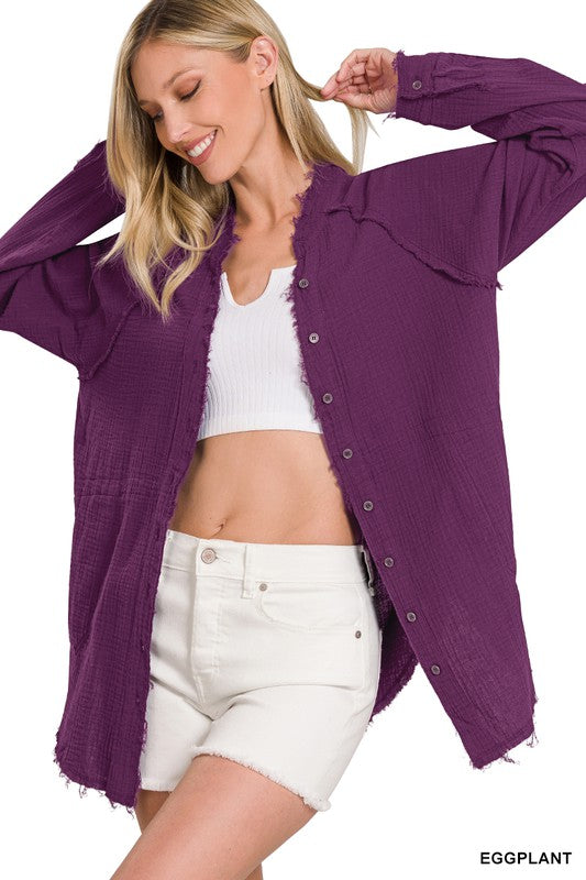 ZENANA Button Down Raw Edge Shirt
