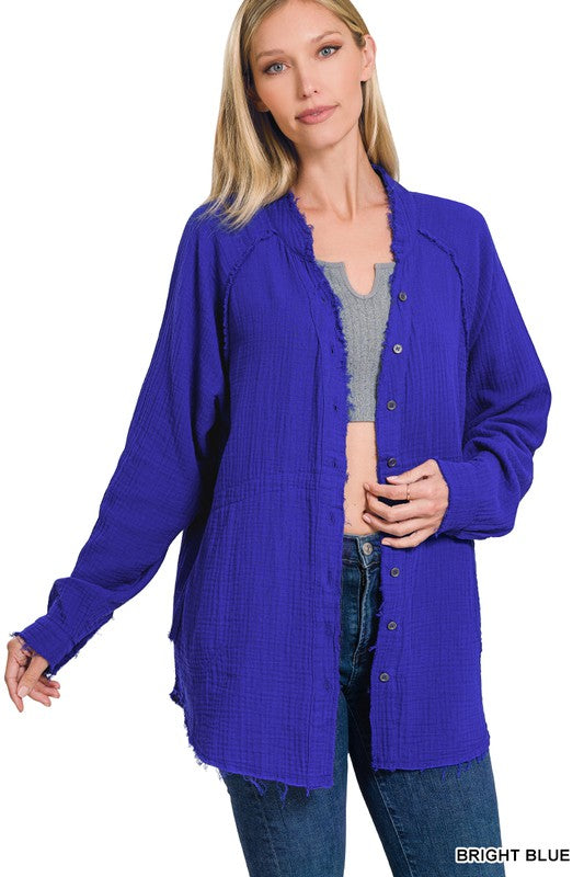 ZENANA Button Down Raw Edge Shirt