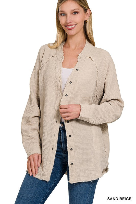 ZENANA Button Down Raw Edge Shirt