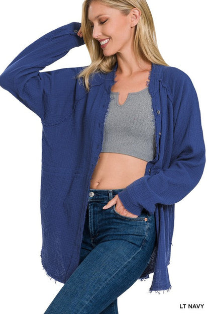 ZENANA Button Down Raw Edge Shirt