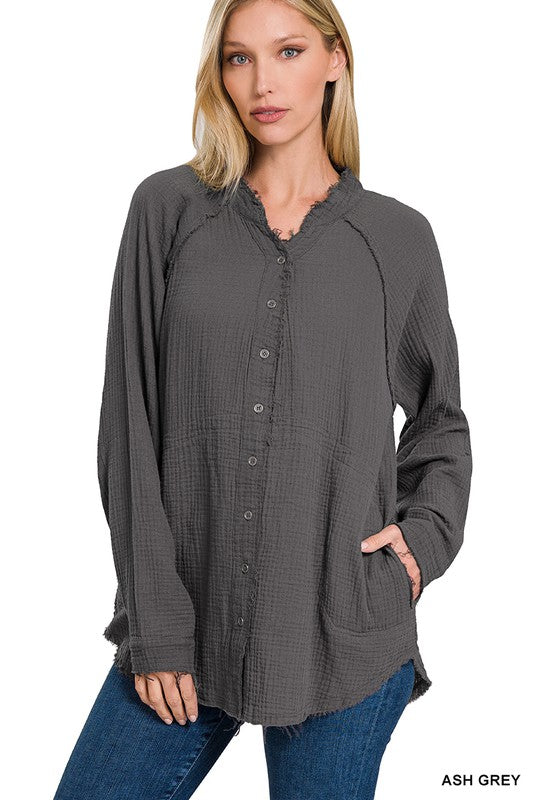 ZENANA Button Down Raw Edge Shirt