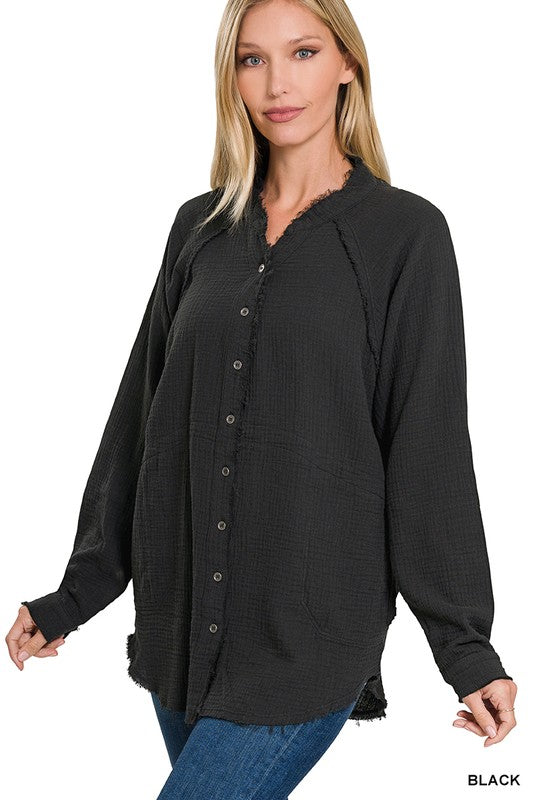 ZENANA Button Down Raw Edge Shirt