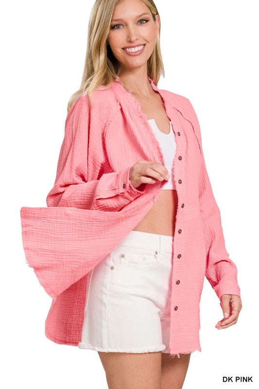 ZENANA Button Down Raw Edge Shirt