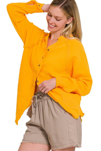 ZENANA Button Down Raw Edge Shirt