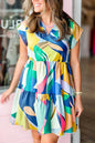 Blue Abstract Print V-Neck Short Sleeve Mini Dress