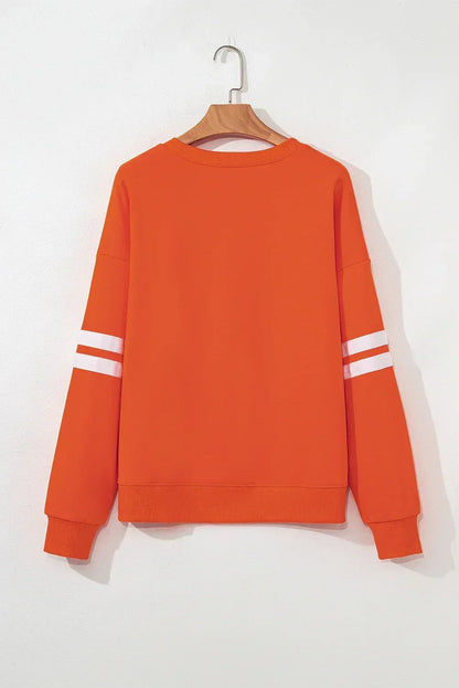 Fiery Red Preppy Striped Sleeve Loose Sweatshirt