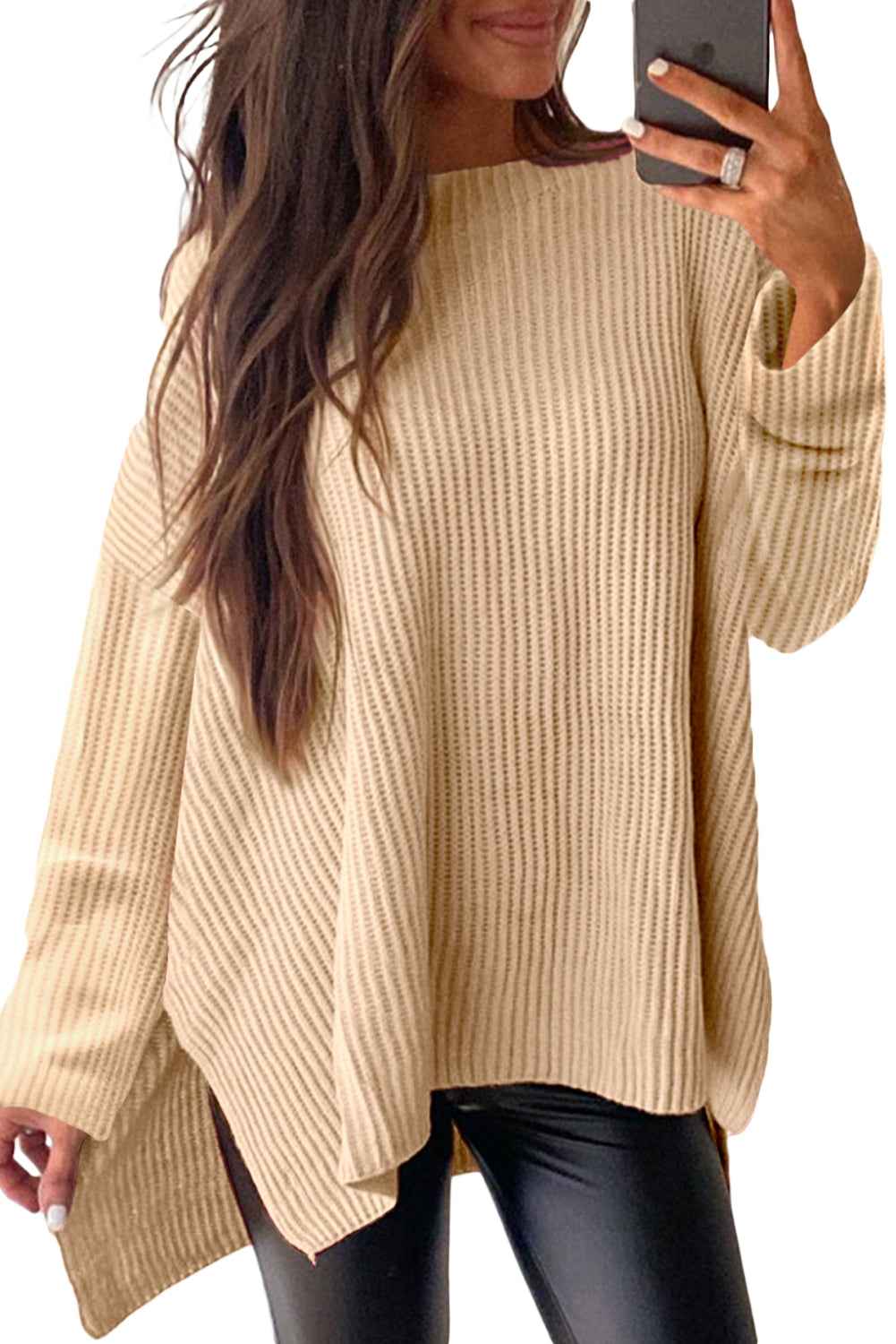 Apricot Oversized Sweater with Side Slits for Women