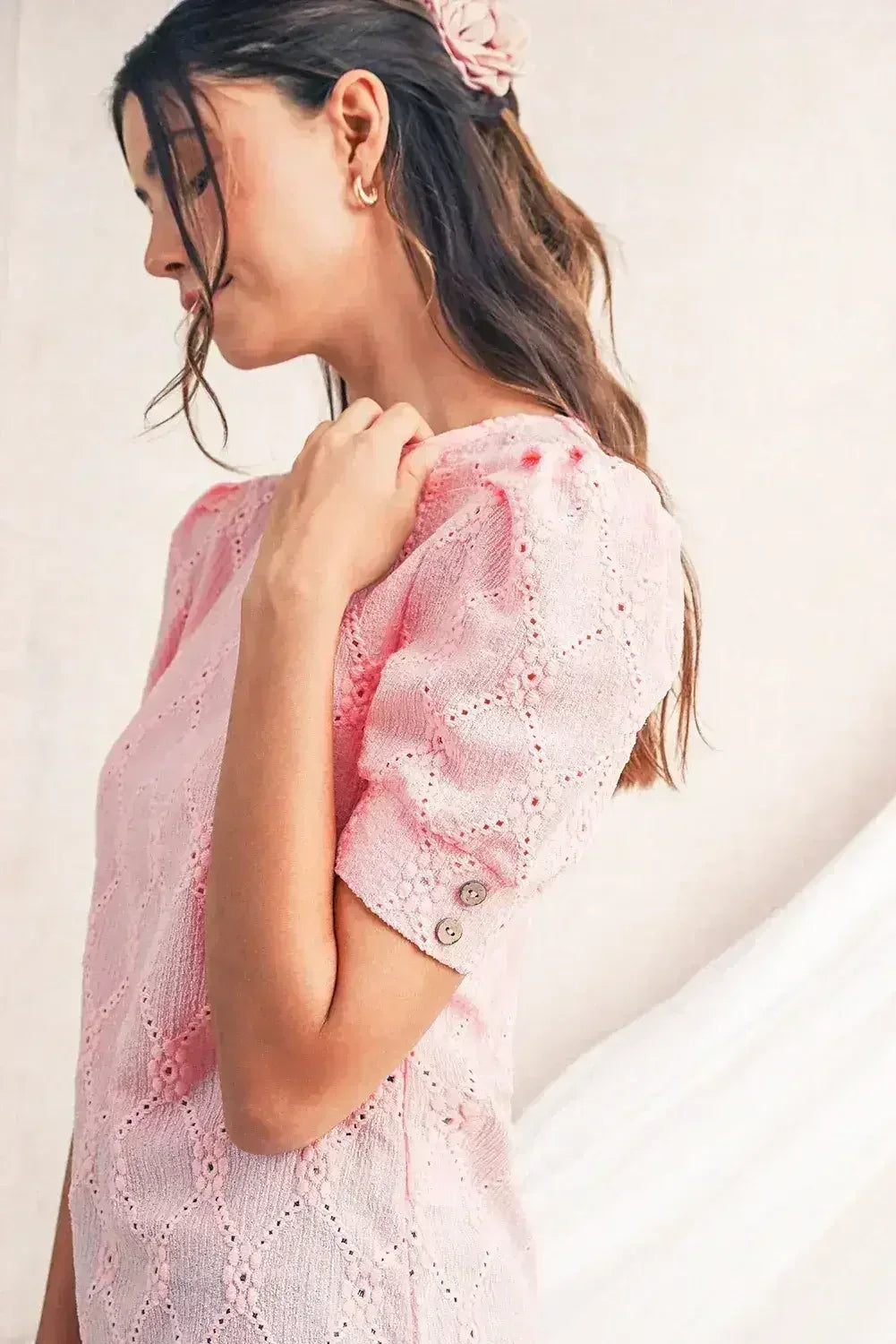 White Embroidered Floral Geometric Button Short Sleeve Top | Femstylo