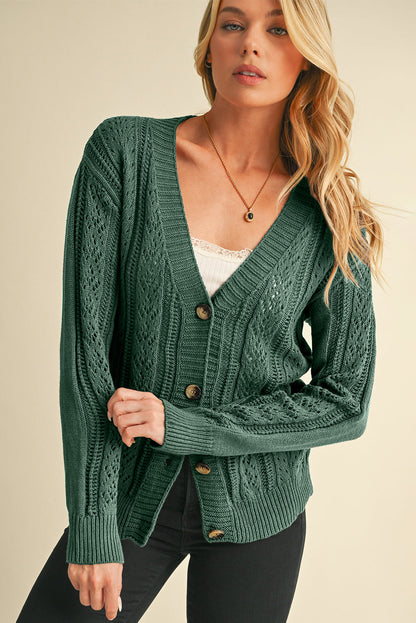 Dark Khaki Cardigan - Hollow Knit Drop Shoulder Style