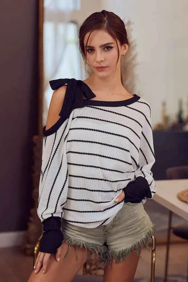 BiBi Stripe Yarn Dye Waffle One Shoulder Women's Top with Ribbon Detail
