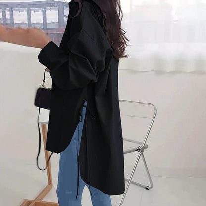 Women's Loose-Fit Long Sleeve Shirt with Side Slit Tie Detail - Stylish Button-Down Blouse