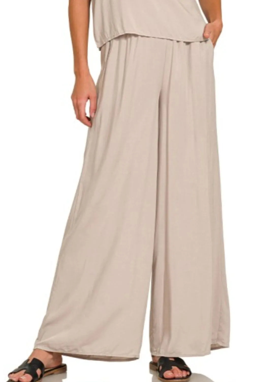 Zenana Round Neck T-Shirt and Wide Leg Pants Set in Mocha