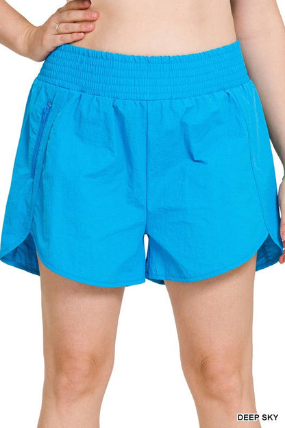 ZENANA Plus Windbreaker Smocked Waistband Running Shorts