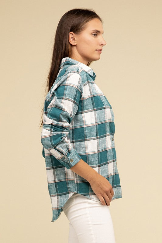 ZENANA Cotton Plaid Shacket With Front Pocket
