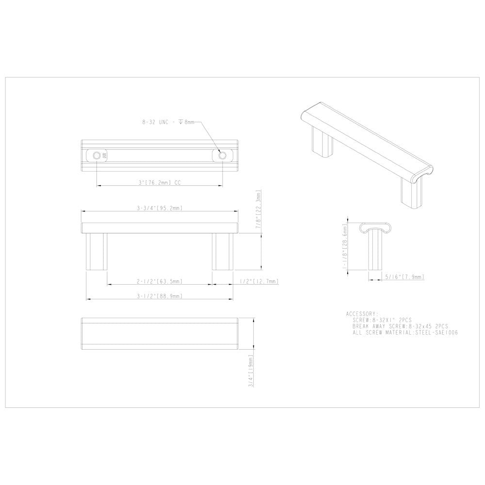 3" Center-to-Center Satin Nickel Square Park Cabinet Pull
