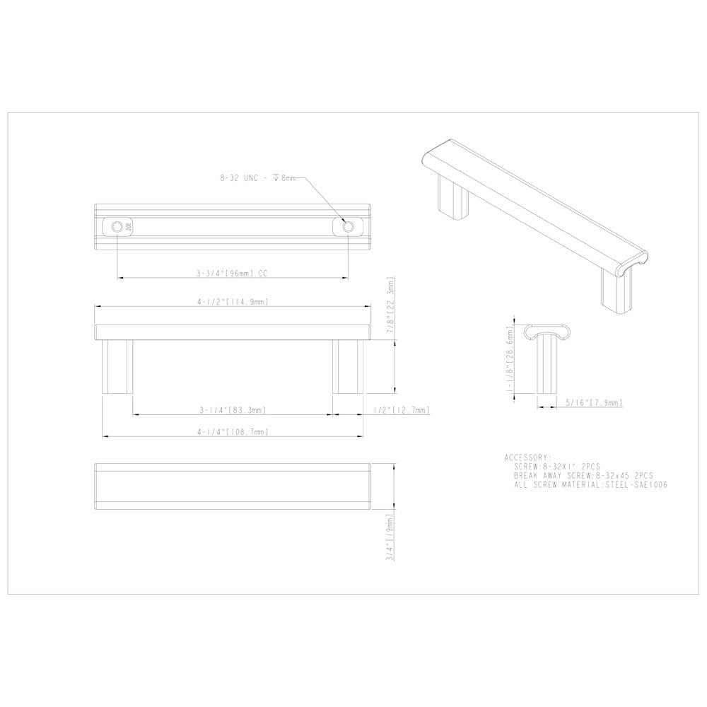3" Center-to-Center Satin Nickel Square Park Cabinet Pull
