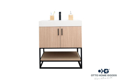 Solana 30" Natural Oak Bathroom Vanity with Quartz Top & Metal Legs
