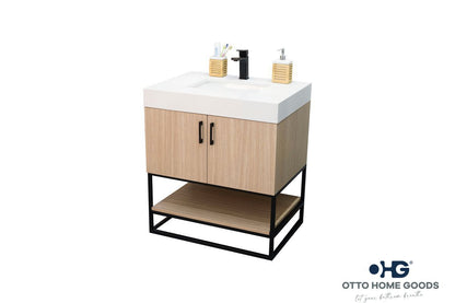 Solana 30" Natural Oak Bathroom Vanity with Quartz Top & Metal Legs