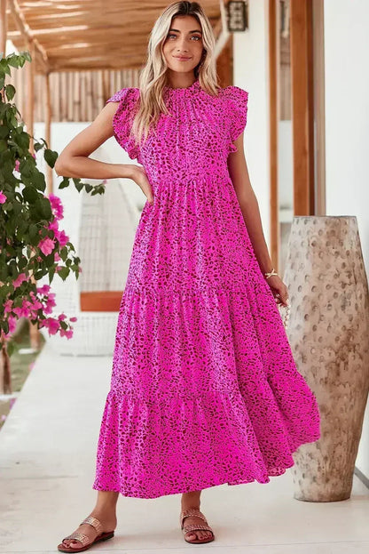 Rose Red Leopard Print Ruffle Sleeveless Maxi Dress