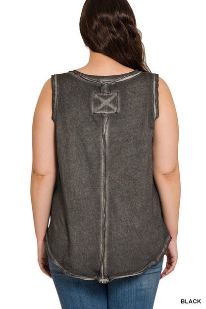 ZENANA Plus Washed Raw Edge V-Neck Tank Top