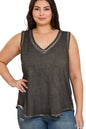 ZENANA Plus Washed Raw Edge V-Neck Tank Top