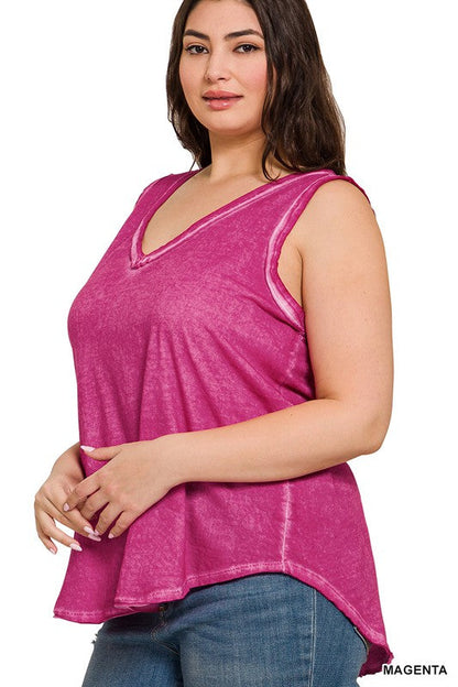 ZENANA Plus Washed Raw Edge V-Neck Tank Top