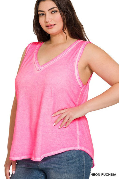 ZENANA Plus Washed Raw Edge V-Neck Tank Top